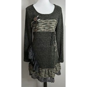 JOHN FASHION Sz L Gray Sweater Knit Dress Art-to-Wear Long Sleeve Mixed Media